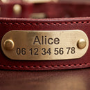 Collier en cuir Alice personnalisable pour chien, noir, gros plan sur la plaque gravée