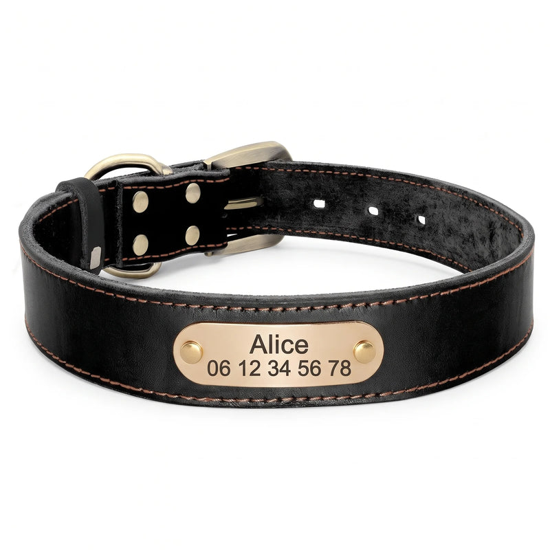 Collier en cuir Alice personnalisable pour chien, noir, vue à plat