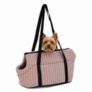 Sac de transport à carreaux pour petit chien, rose, chien dans le sac